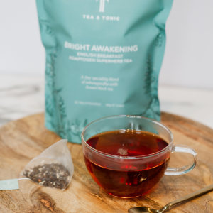 English Breakfast Bright Awakening Tea in a Glass cup